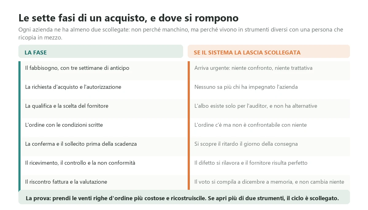 Le sette fasi del ciclo di un acquisto, dal fabbisogno che nasce in tempo alla valutazione del fornitore fatta sui fatti, con quello che succede quando il sistema lascia una fase scollegata dalle altre