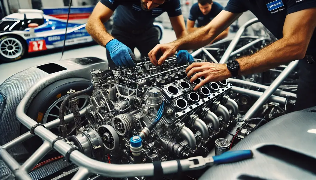 Meccanici team corse ottimizzano motore, simbolo di efficienza e sviluppo software