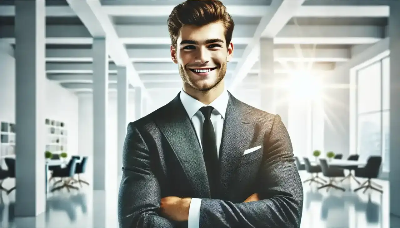 professionista sorridente in ufficio, successo carriera, soddisfazione stipendio alto