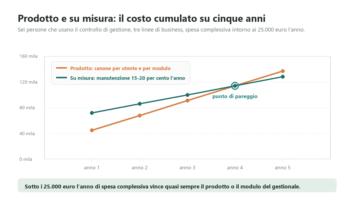 Confronto del costo cumulato su cinque anni fra un software di controllo di gestione in abbonamento e un sistema su misura per sei utenti e tre linee di business, con il punto di pareggio intorno al quarto anno