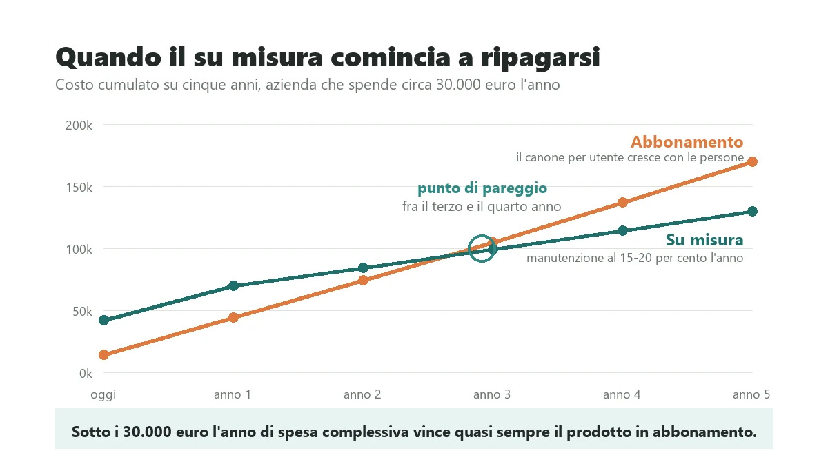 Confronto del costo cumulato su cinque anni fra un software di gestione commesse in abbonamento e un gestionale su misura, con il punto di pareggio intorno al terzo anno