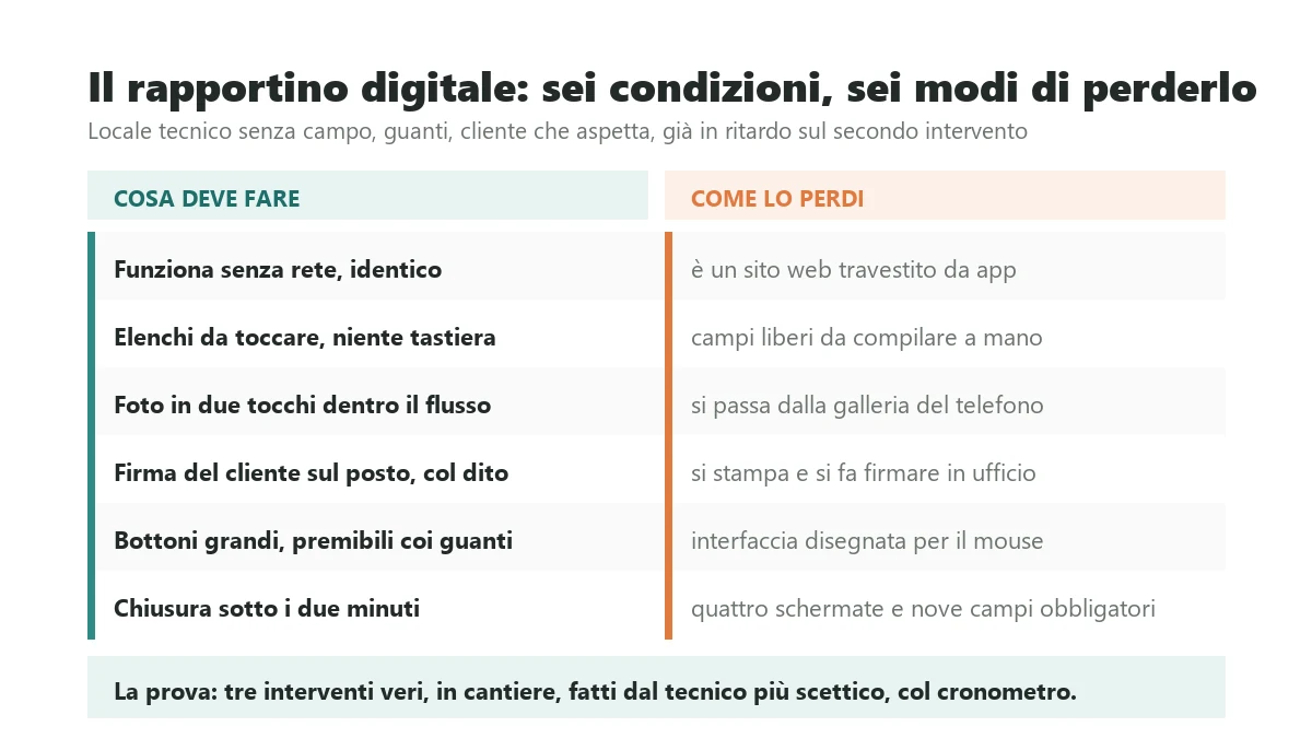 Le sei condizioni che un rapportino digitale deve superare per essere compilato davvero in cantiere, messe accanto agli errori che lo fanno abbandonare