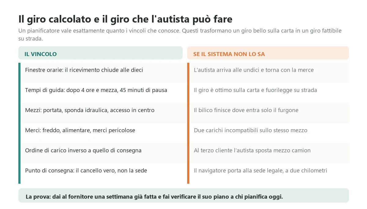 I sei vincoli che separano un giro calcolato da un giro che l'autista può fare davvero, dalle finestre orarie ai tempi di guida, con quello che succede quando il sistema di pianificazione non li conosce