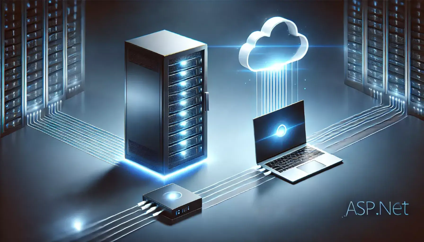Server, cloud and laptop with data flows, symbol of ASP.NET for web applications