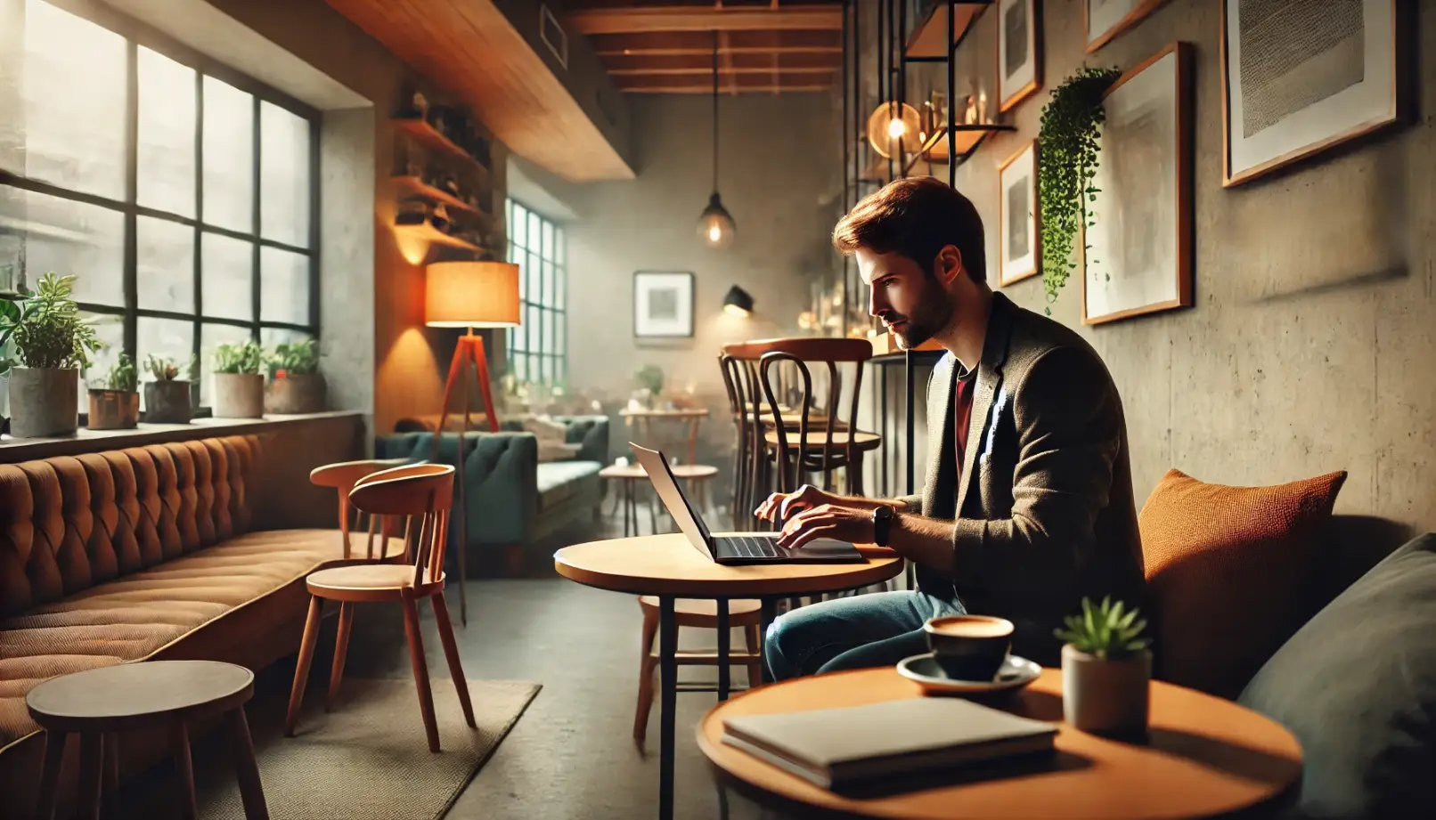 A professional working independently in a cafe, with laptop and cozy environment