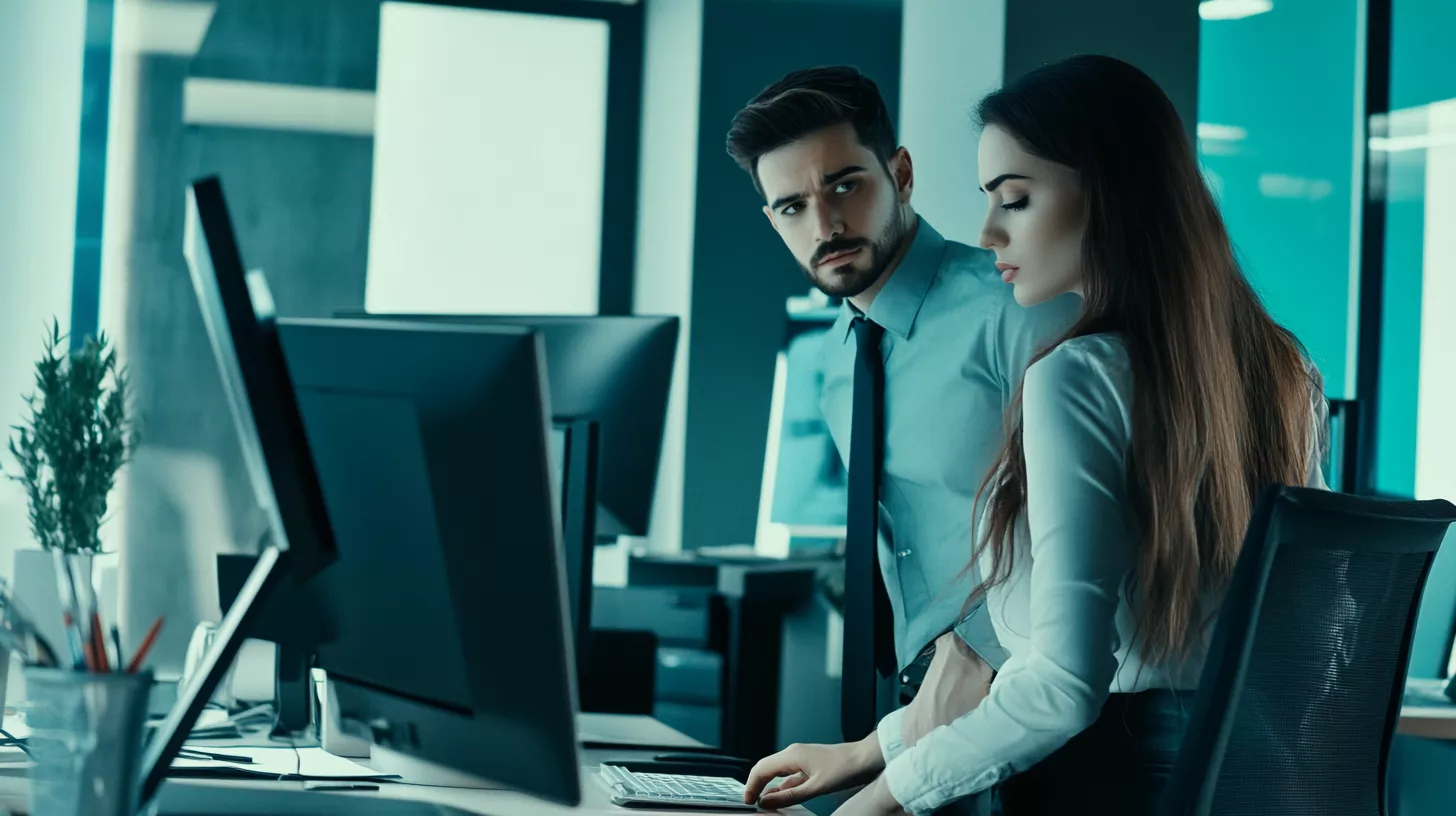 Two programmers, man and woman, in a modern office working side by side in a serious and collaborative environment