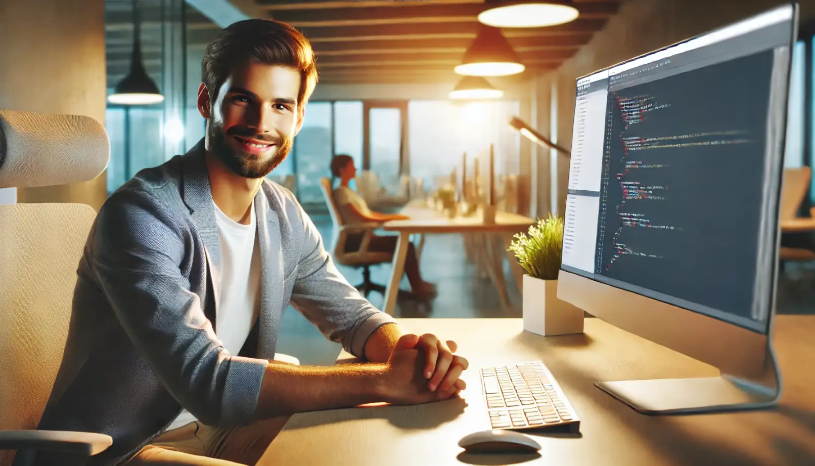 Programmer in modern office, focus, efficiency and software development