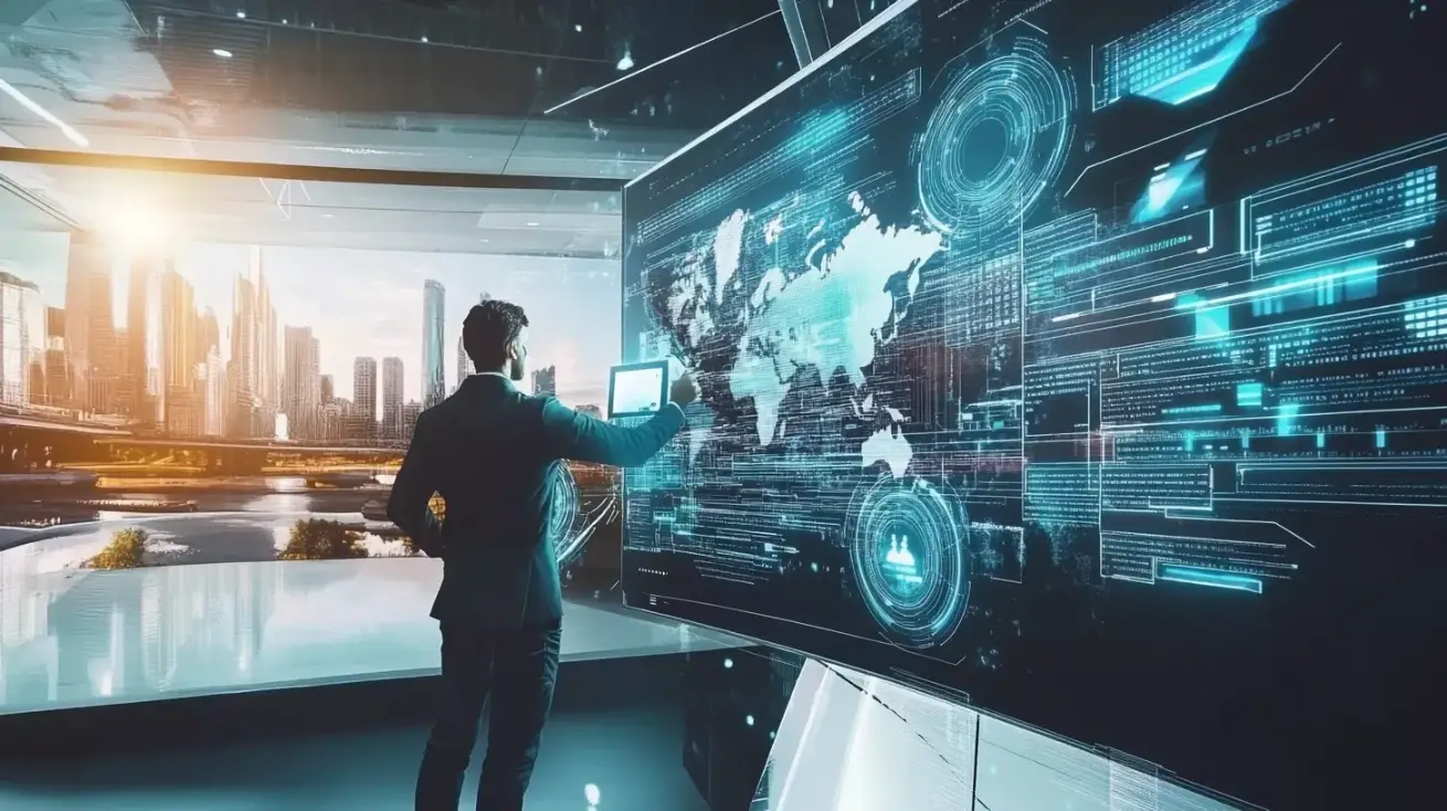 An image of the future with a developer standing in front of a giant screen with futuristic code and graphics, looking towards a modern, technological city in the distance