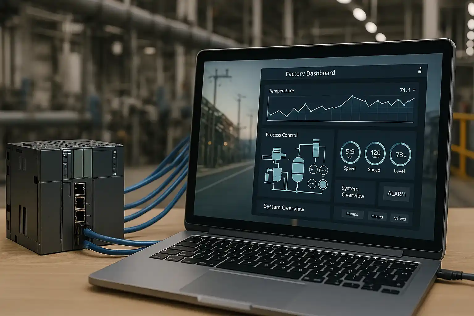 PLC connected to modern WPF interface on industrial plant, software control