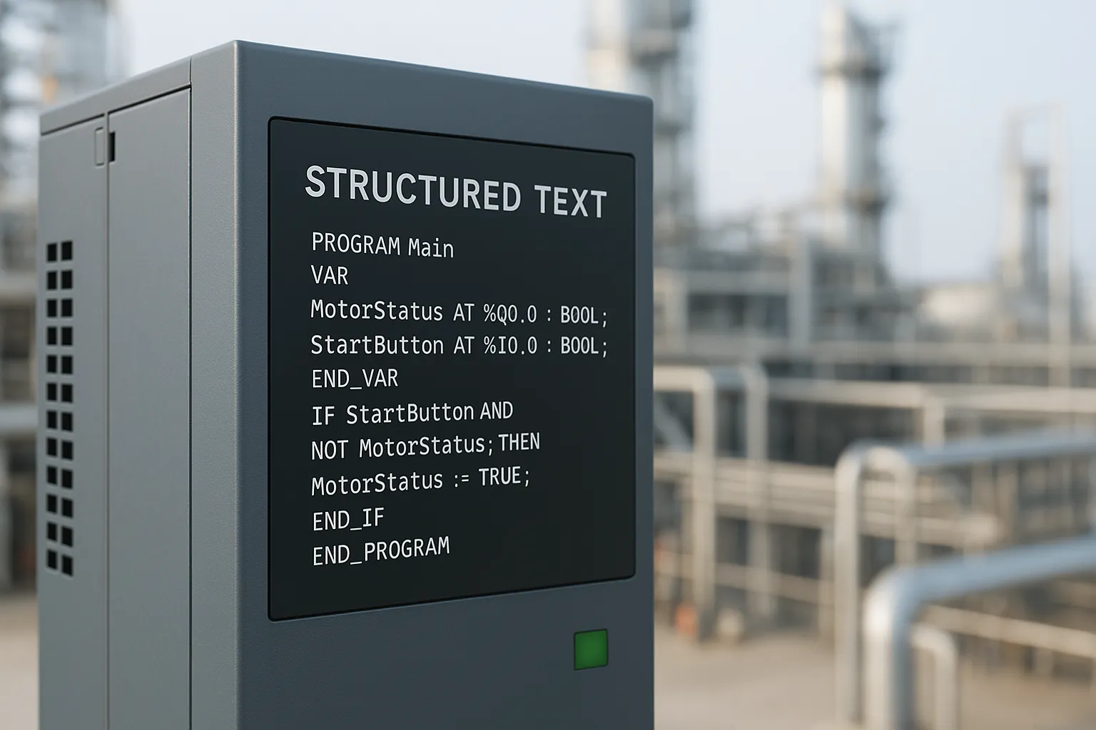 Structured Text PLC with industrial plant, PLC languages and programming