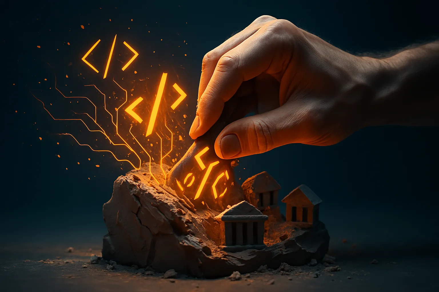  Hand sculpts code with architectural symbols and programming concepts