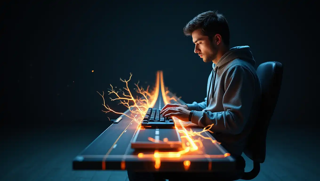 Software developer writes code with creative energy on keyboard