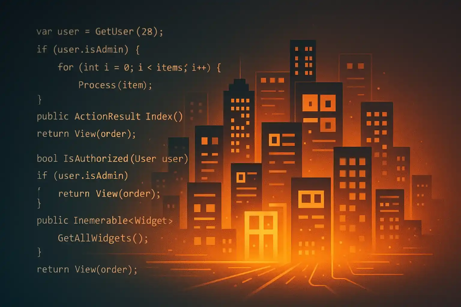 C# code transforms into a digital cityscape with software interfaces and logic
