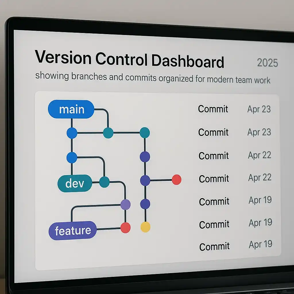 Version control dashboard (Git) showing branches and commits organized for modern team work