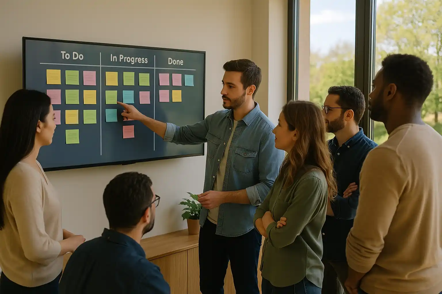 Team in effective stand-up meeting around digital Kanban board