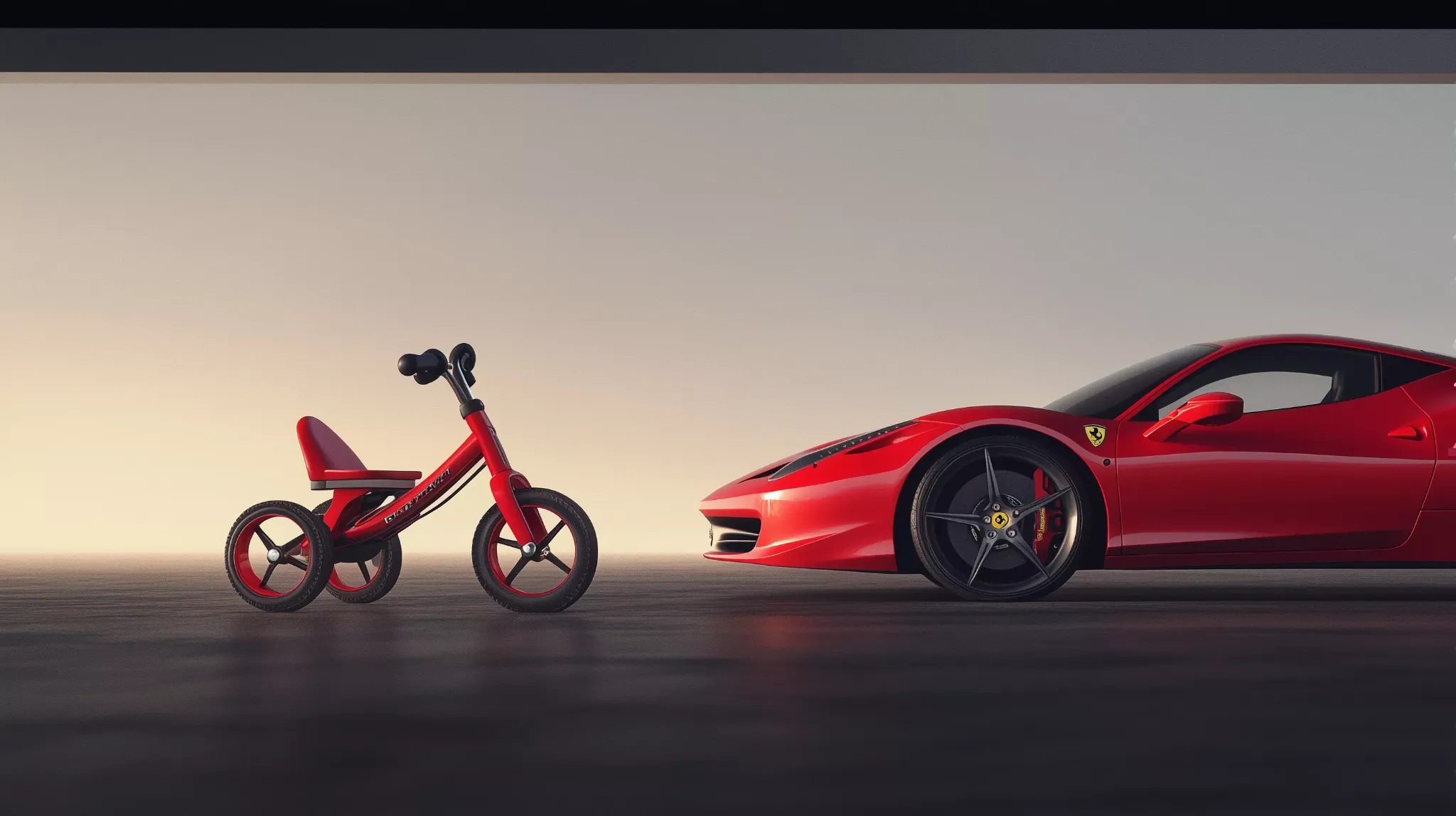 Side by side comparison between a children's tricycle and a Ferrari